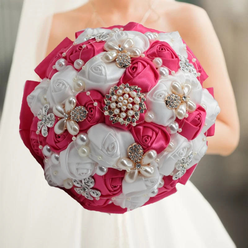 Pink White Rhinestones Ivory Ribbon Brooch Bridal Bouquets