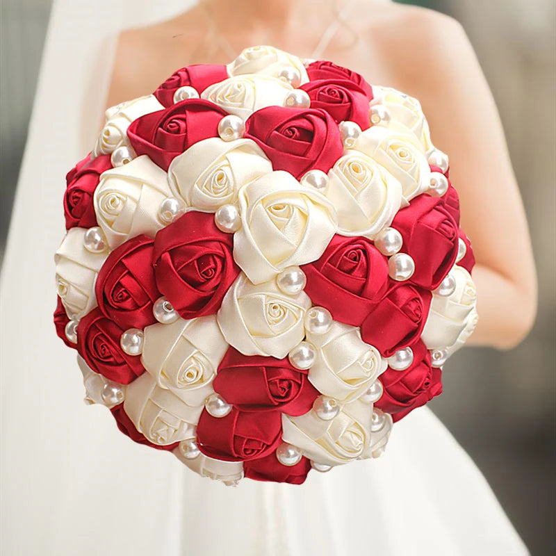 White Red Rhinestones Ivory Ribbon Brooch Bridal Bouquets
