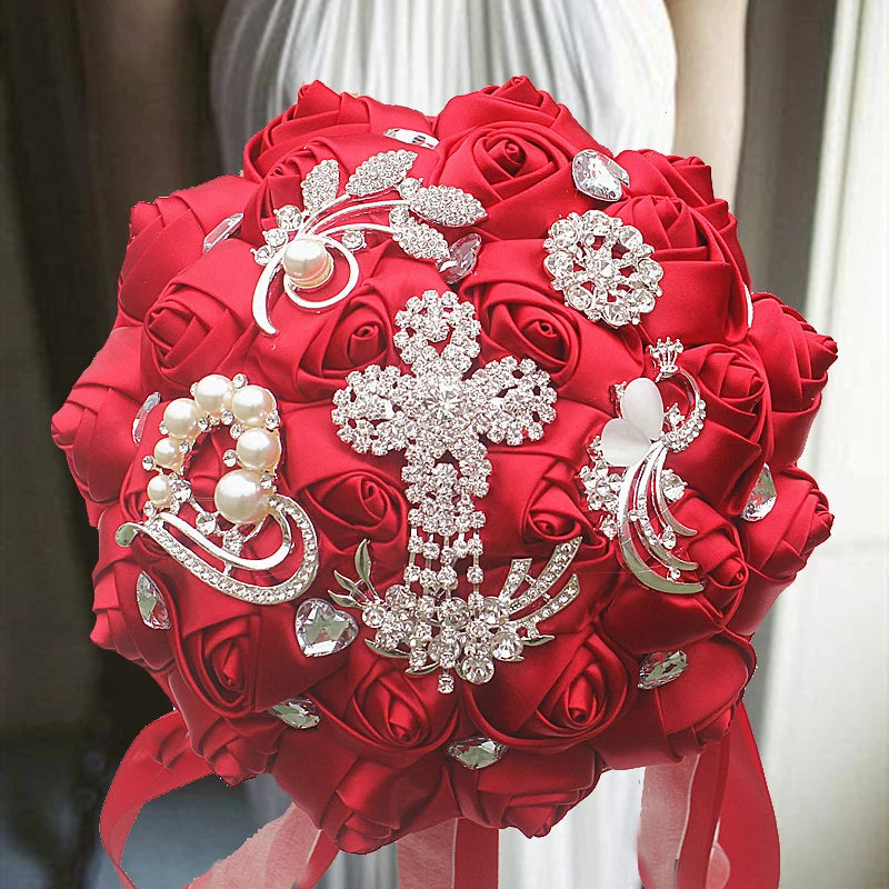 Red Rhinestones Ivory Ribbon Brooch Bridal Bouquets
