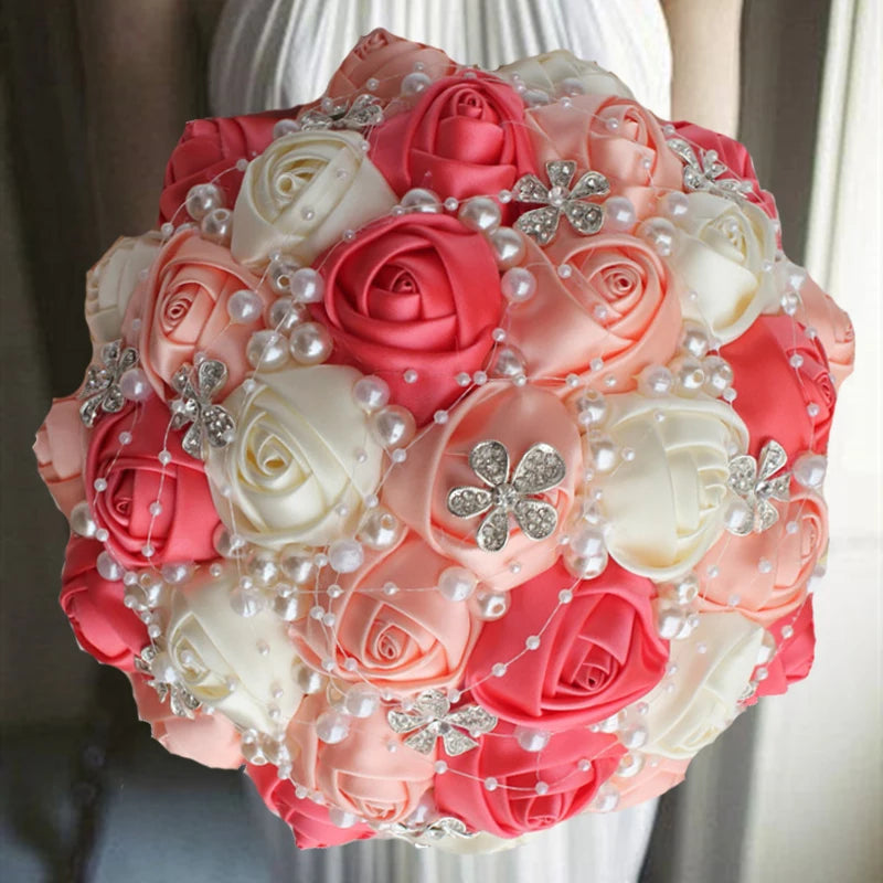 Pink Rhinestones Ivory Ribbon Brooch Bridal Bouquets