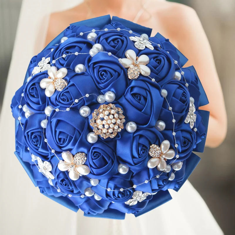 Blue Rhinestones Ivory Ribbon Brooch Bridal Bouquets