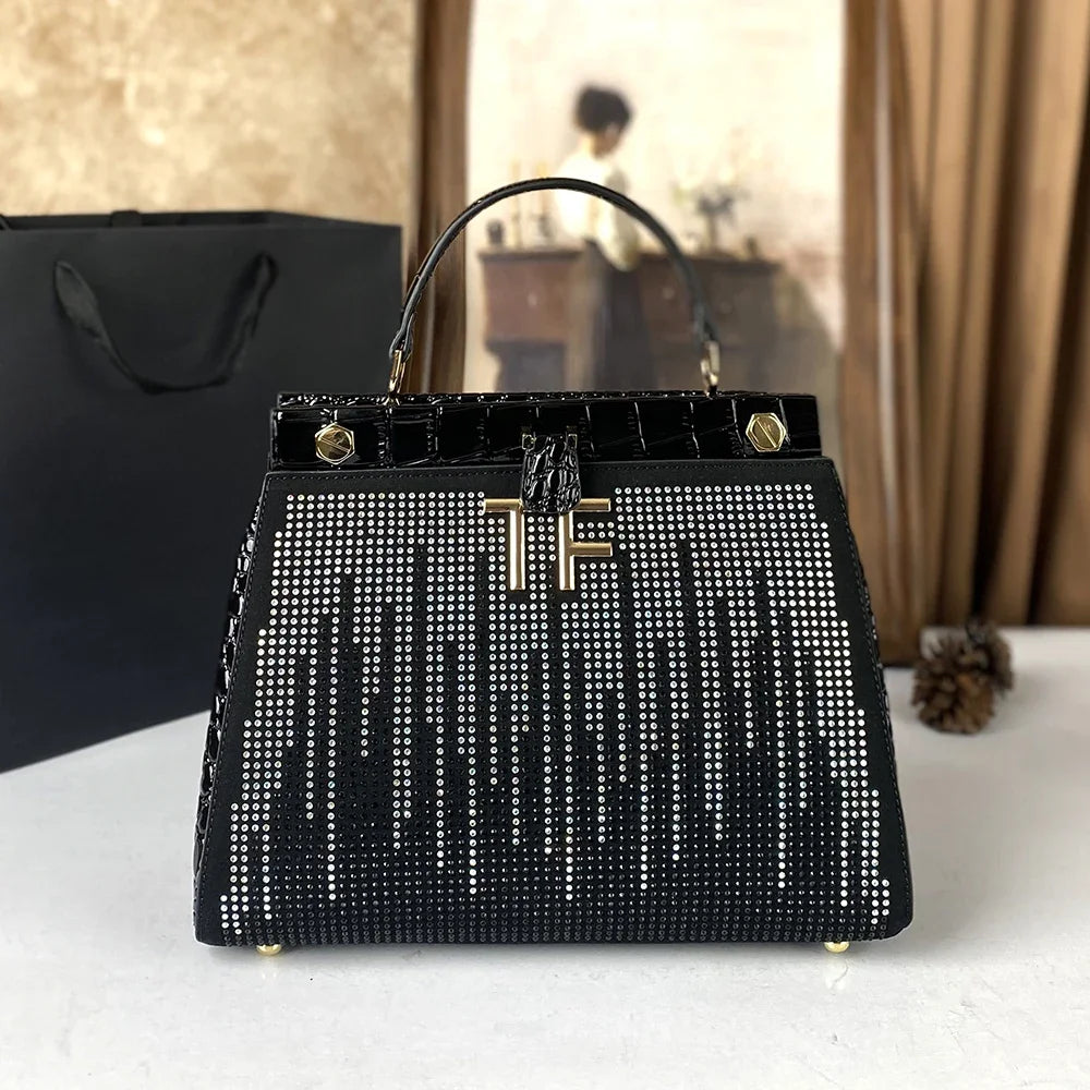 Black Rhinestones Large Capacity Socialite Crossbody Bag