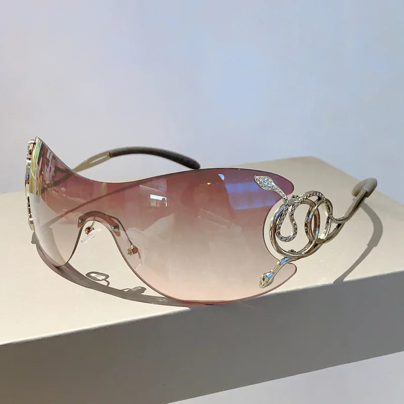 Pink Rimless One-piece Snake Fashion Women Sunglasses