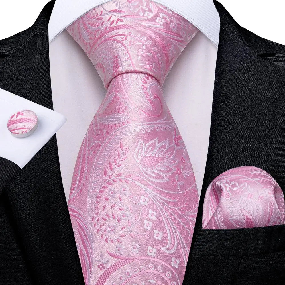 Rose Pink Paisley Silk Hanky Cufflink Wedding Tie
