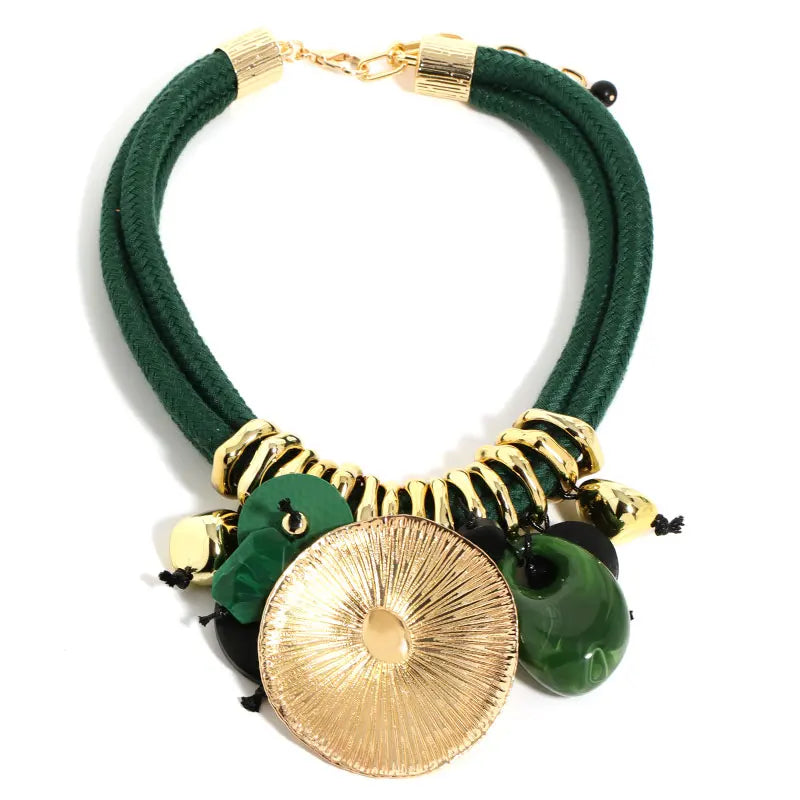 Green Round Pendant Statement Beaded Necklace