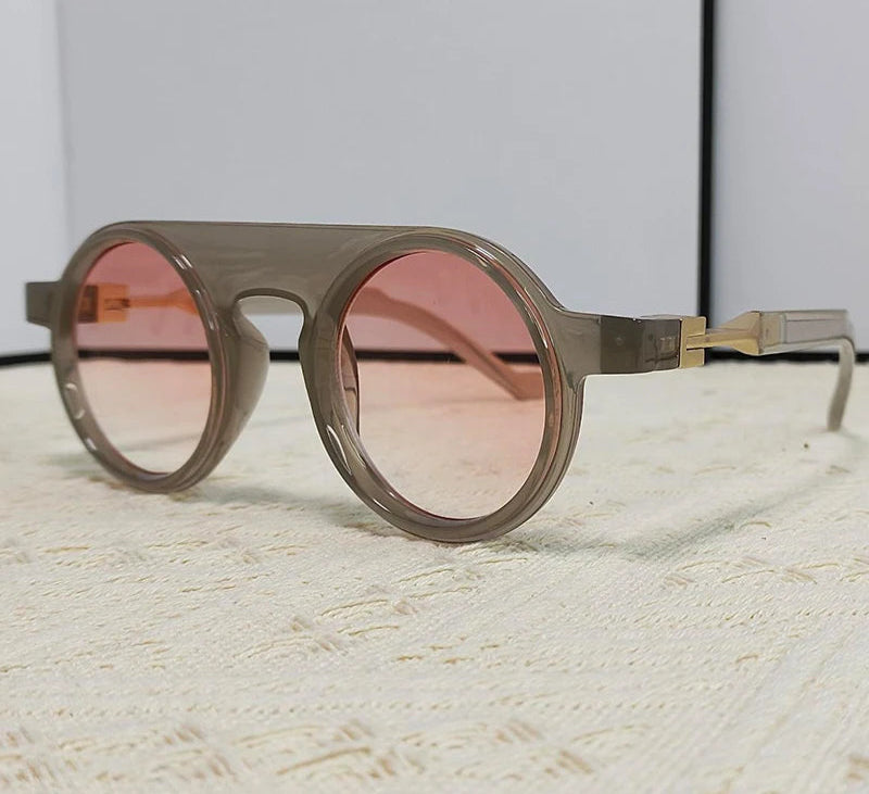 Round Punk Sunglasses grey transparent frame, gradient pink lens