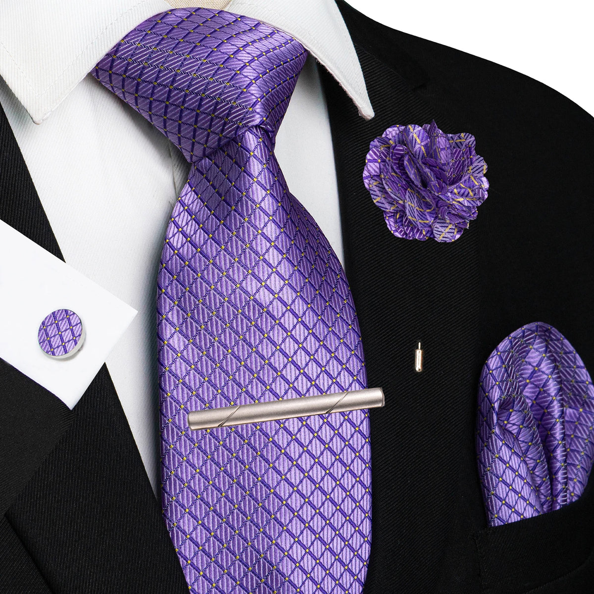 Purple 8cm Silk Tie Pin Pocket Square Cufflinks Tie