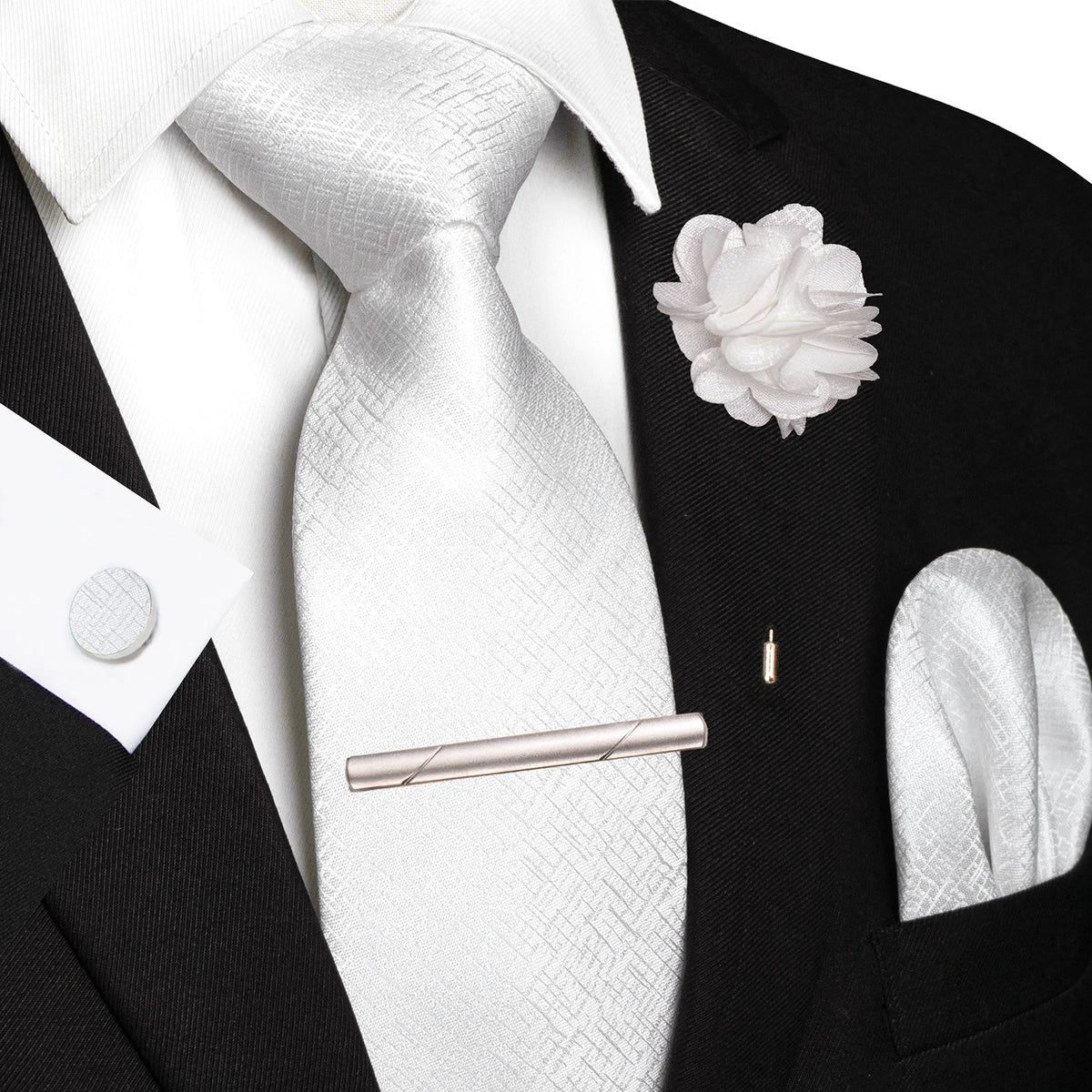 White 8cm Silk Tie Pin Pocket Square Cufflinks Tie