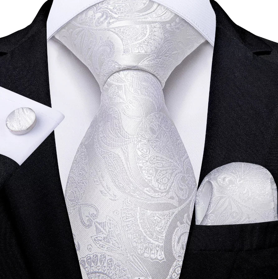 White Sliver Hanky Cufflinks Set Neck ties