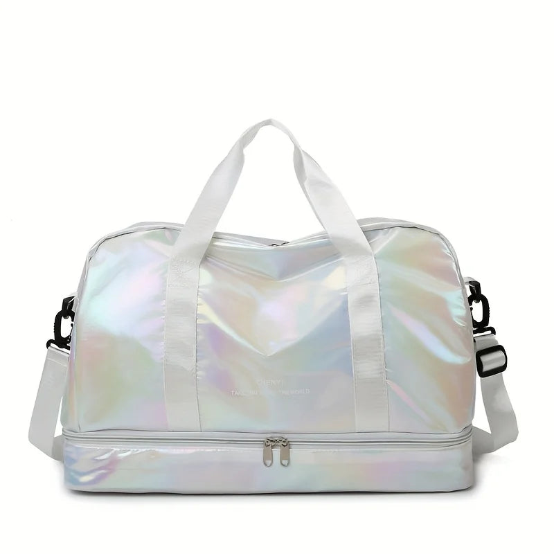 White Lightweight Nylon Large Holographic Duffel Bag