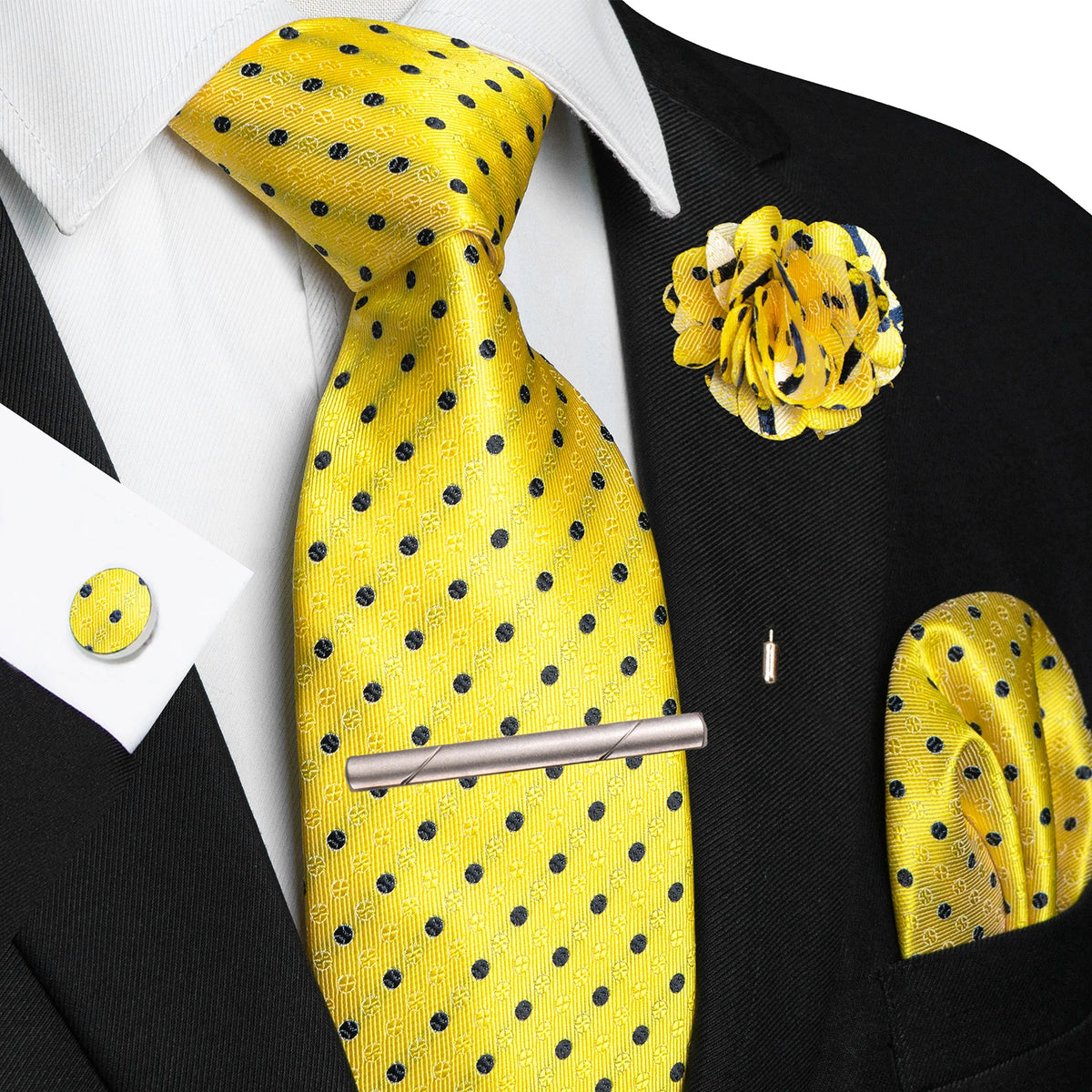 Yellow 8cm Silk Tie Pin Pocket Square Cufflinks Tie