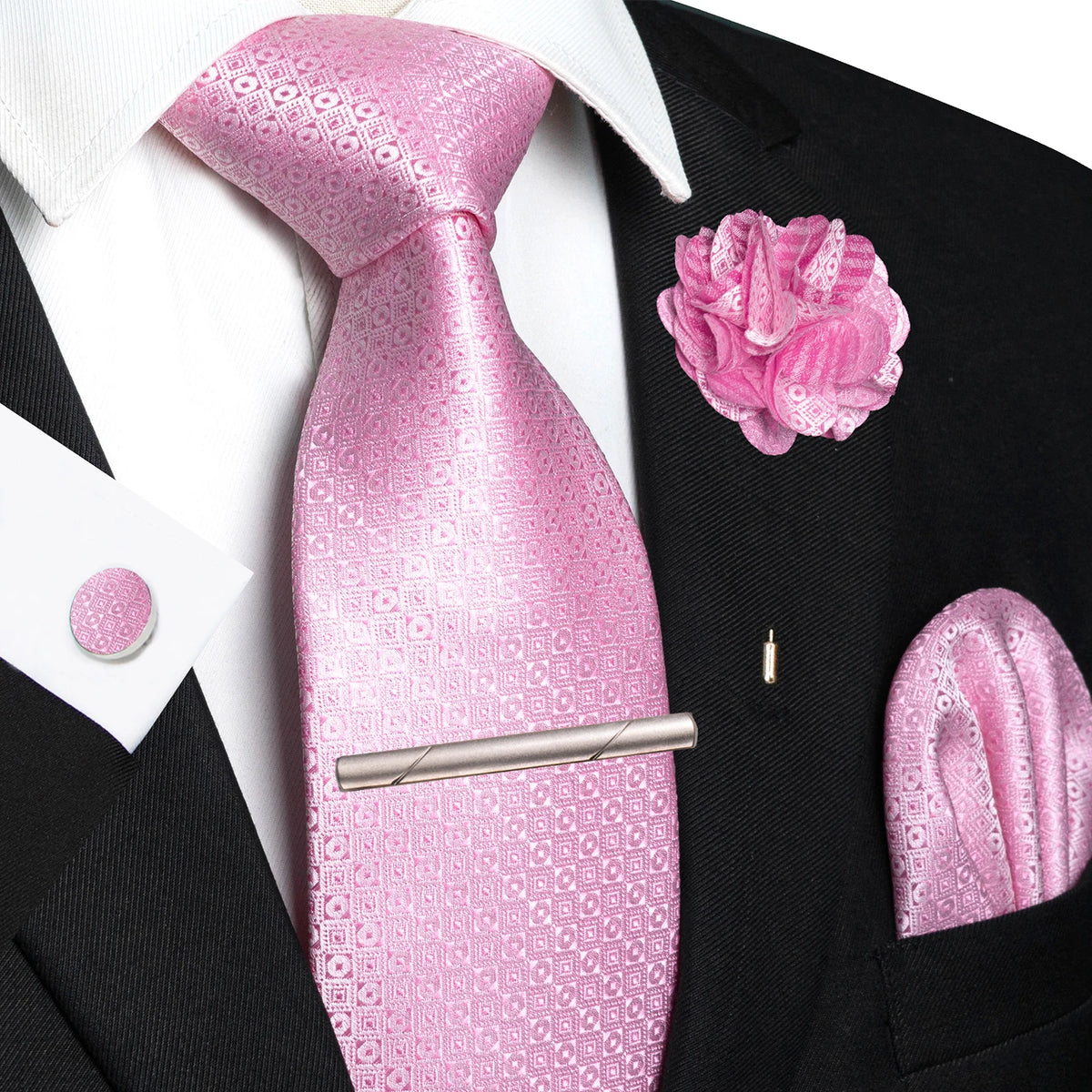 Pink 8cm Silk Tie Pin Pocket Square Cufflinks Tie