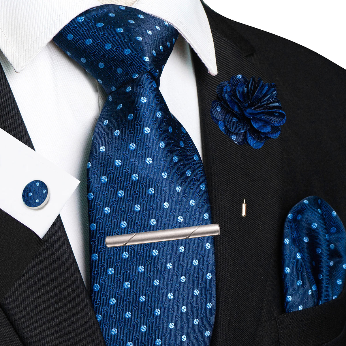 Blue 8cm Silk Tie Pin Pocket Square Cufflinks Tie