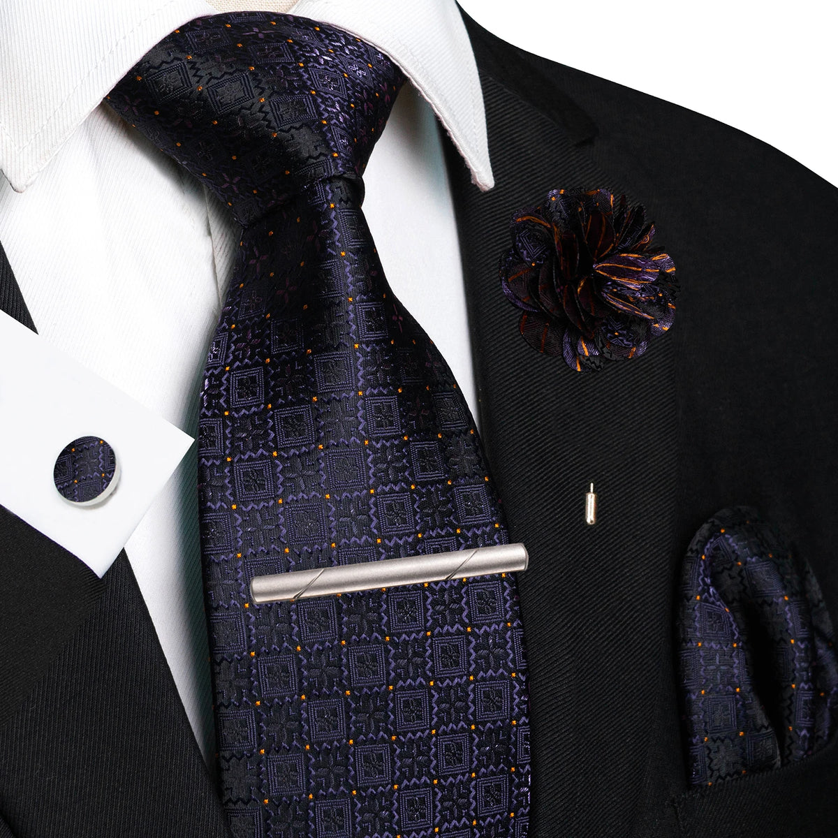 Black 8cm Silk Tie Pin Pocket Square Cufflinks Tie