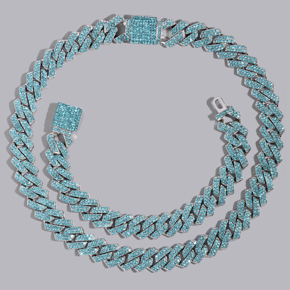 Rhinestone Cuban Link Chain Necklace Set