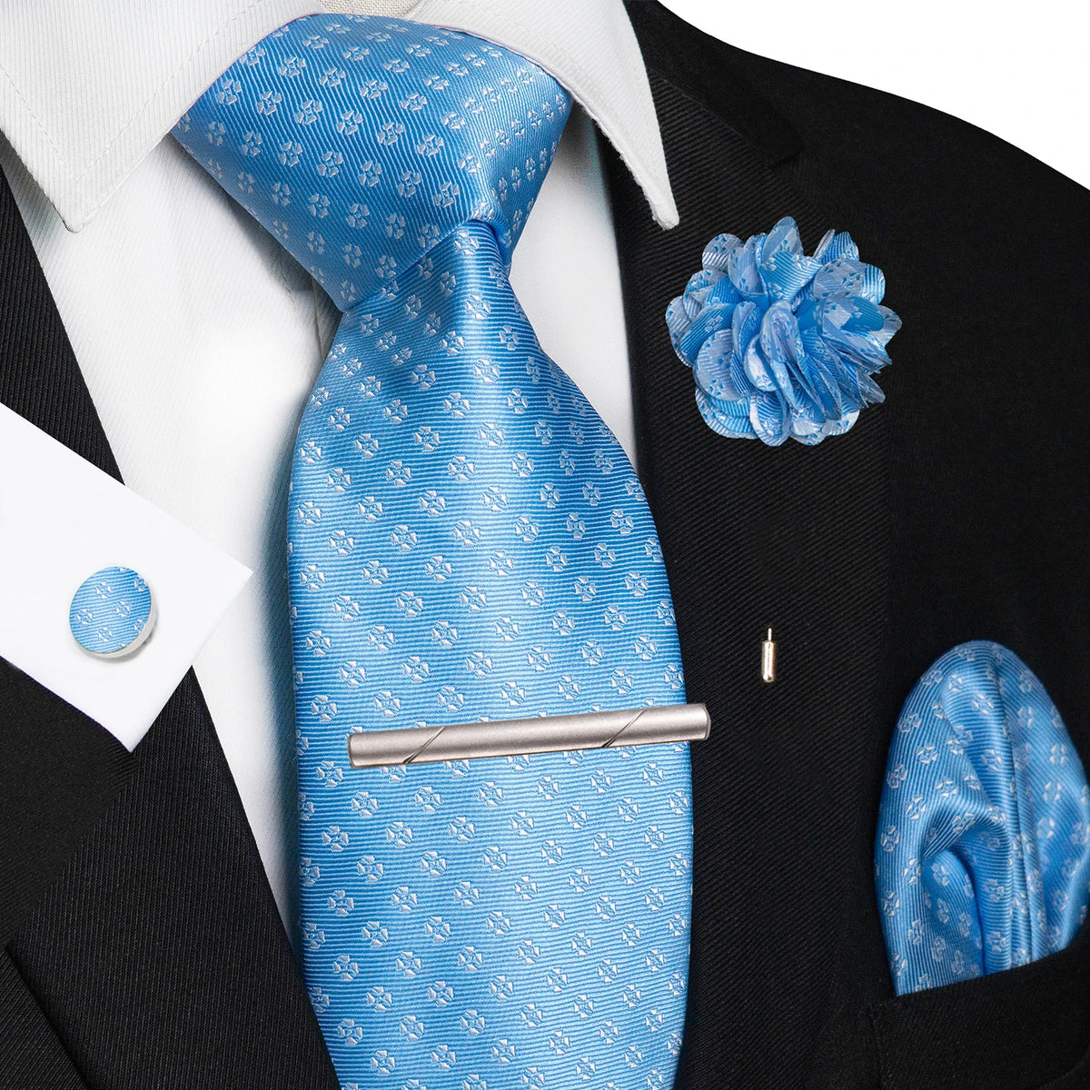 Blue 8cm Silk Tie Pin Pocket Square Cufflinks Tie
