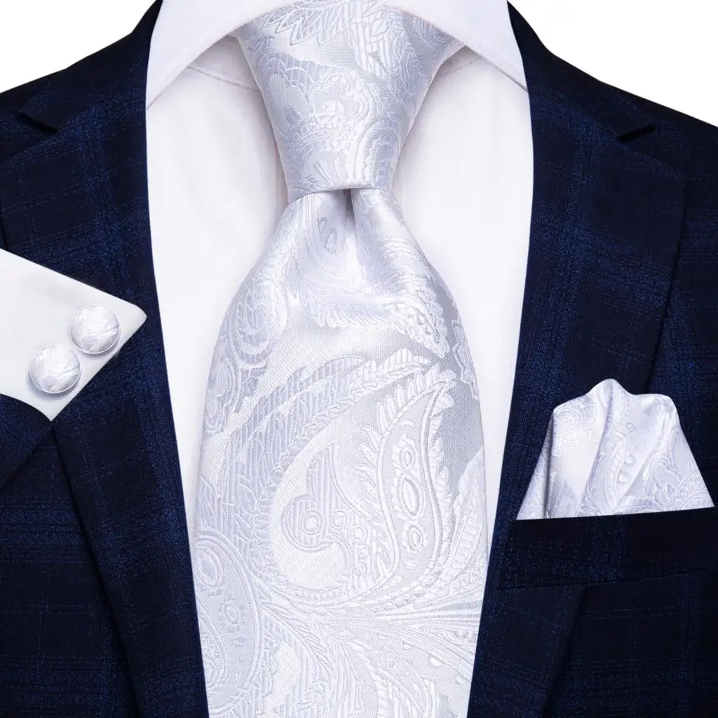 White Sliver Hanky Cufflinks Set Neck ties