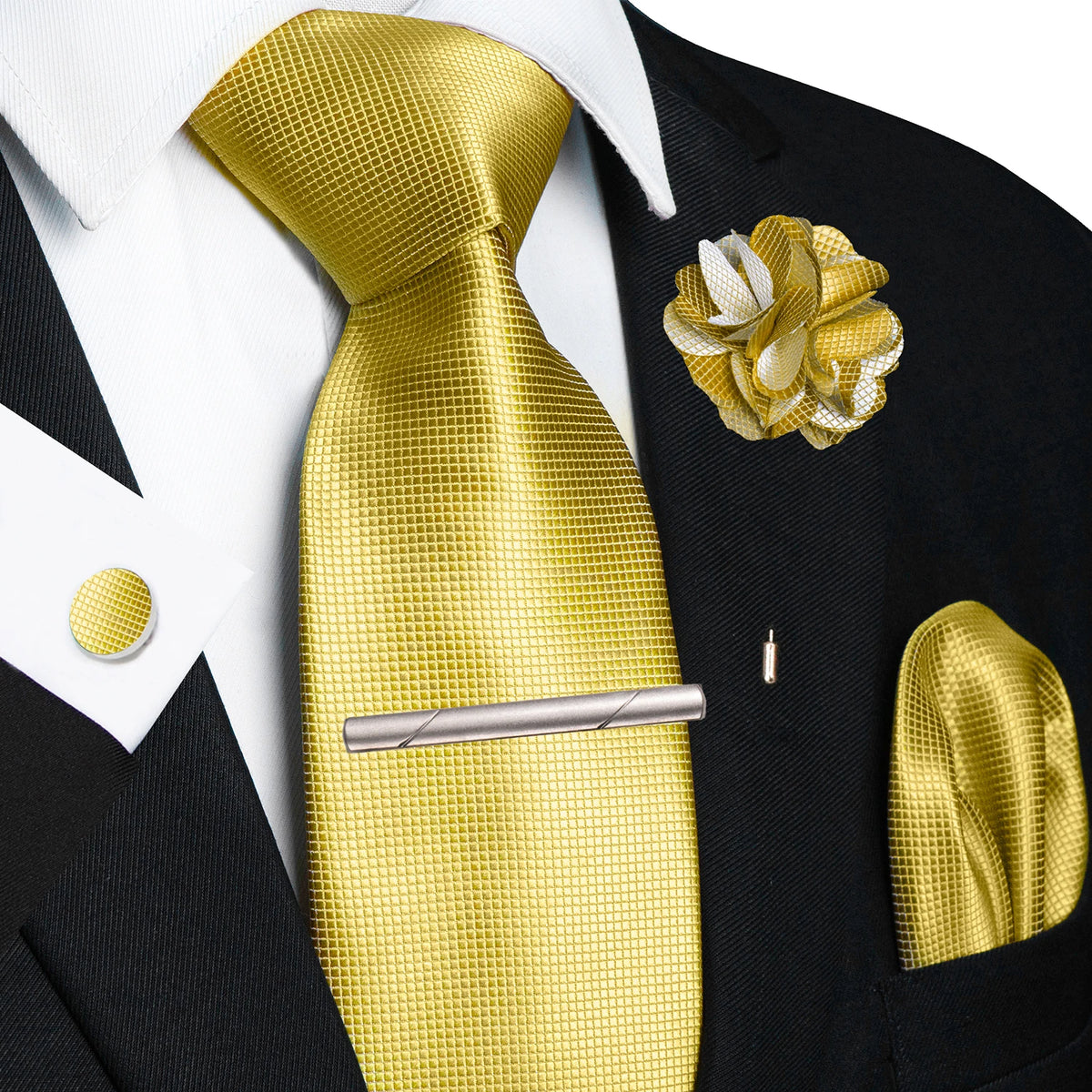 Gold 8cm Silk Tie Pin Pocket Square Cufflinks Tie