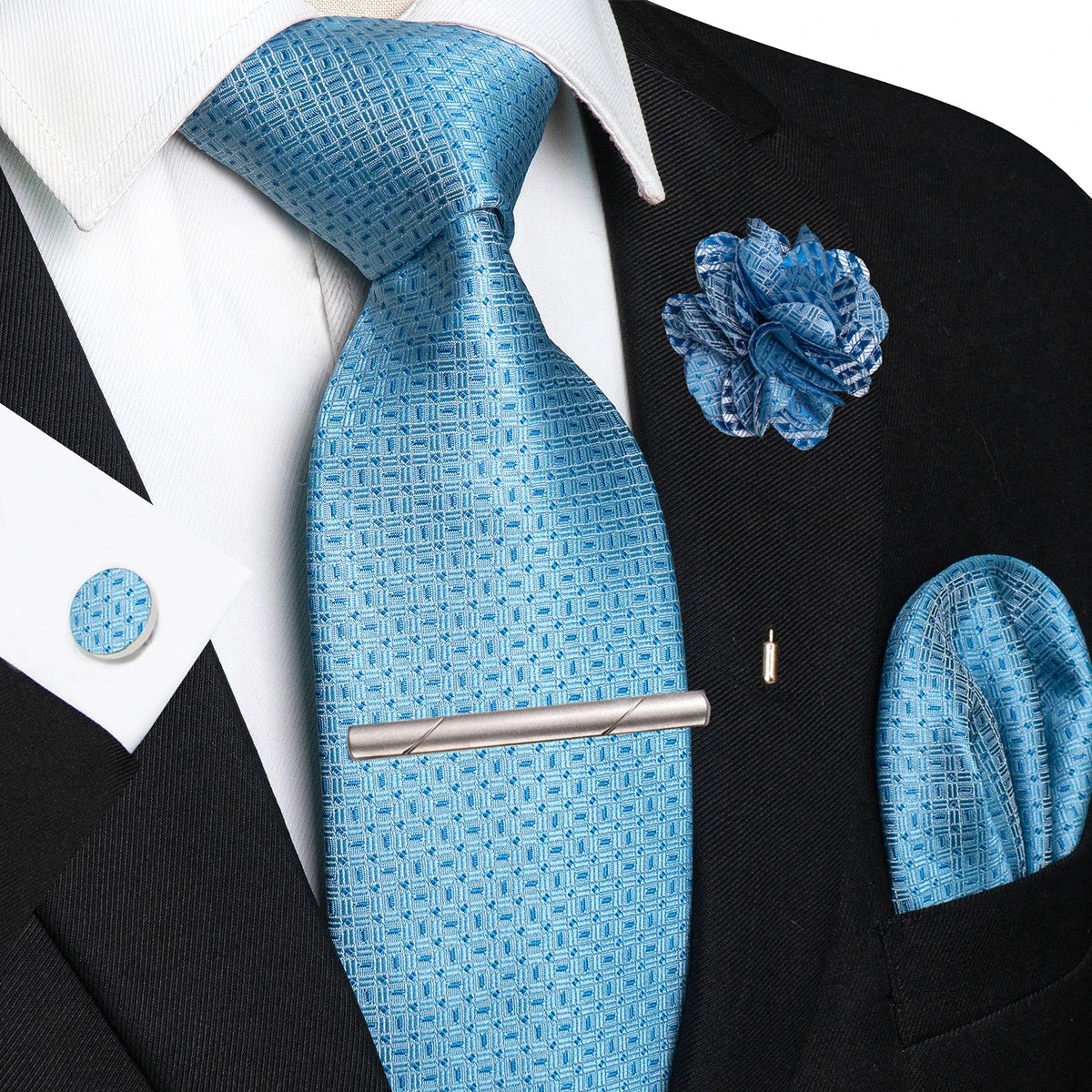 Blue 8cm Silk Tie Pin Pocket Square Cufflinks Tie