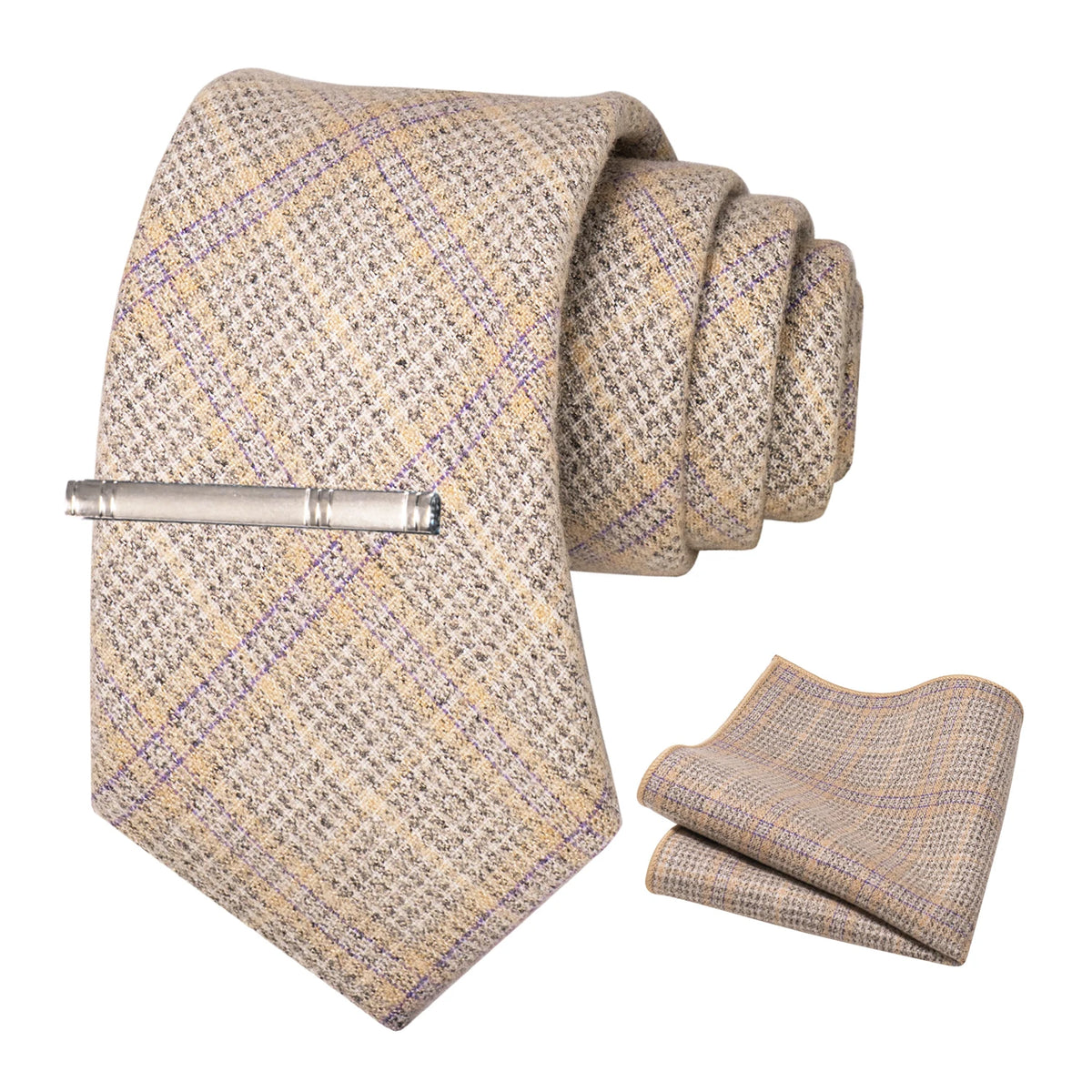 Brown Cashmere Wool 8cm Men Striped Plaid Necktie