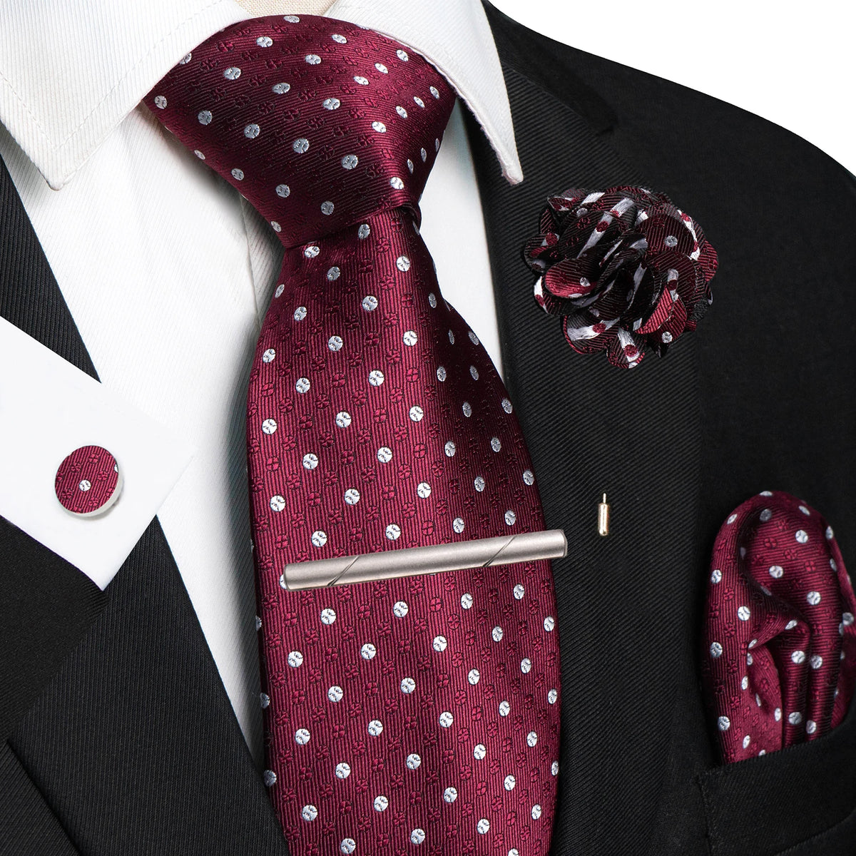 Burgundy 8cm Silk Tie Pin Pocket Square Cufflinks Tie