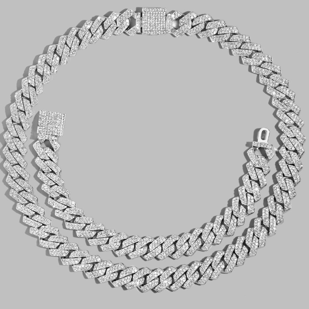 Rhinestone Cuban Link Chain Necklace Set