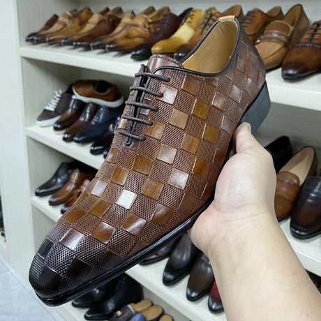 Plaid Print Leather Oxford Men Shoes