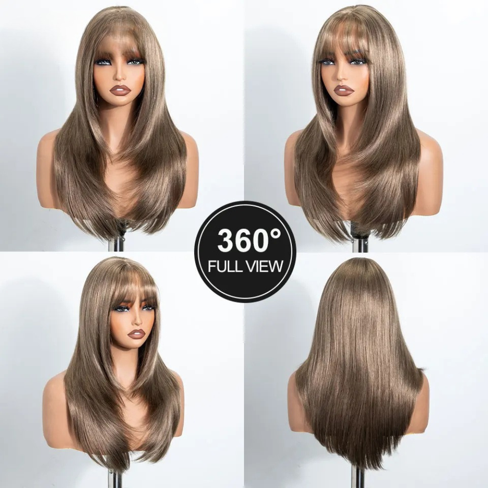 20 Inch Ash Brown Layered Straight Air Bangs Wig