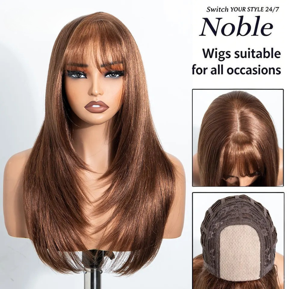 20 Inch Ash Brown Layered Straight Air Bangs Wig