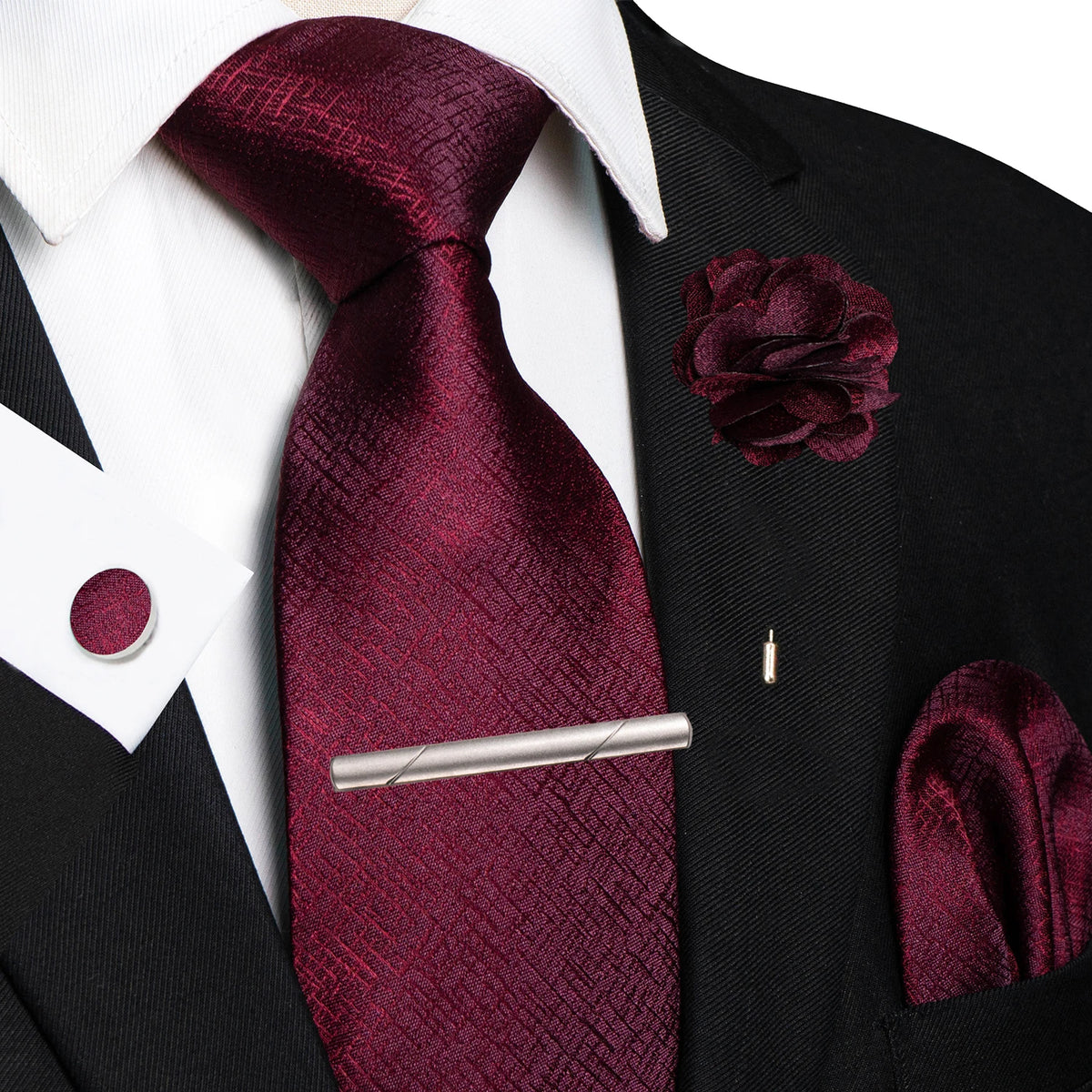 Red 8cm Silk Tie Pin Pocket Square Cufflinks Tie