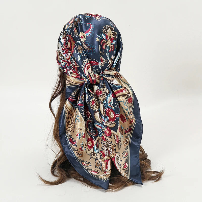 blue beige floral pattern silk bandanna