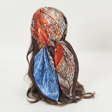 geometric pattern orange blue brown silk bandanna