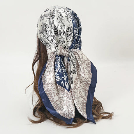 blue white floral pattern silk bandanna