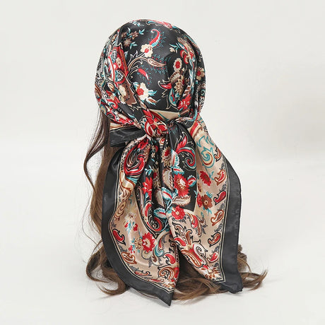 black red floral pattern silk bandanna