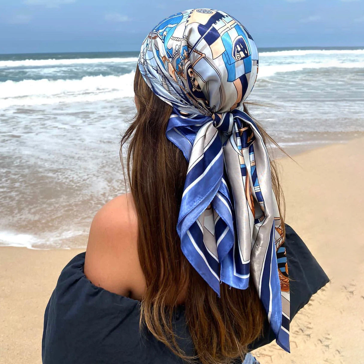 white blue geometric pattern silk bandanna
