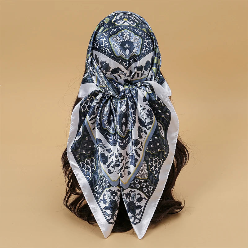 grey white floral pattern silk bandanna