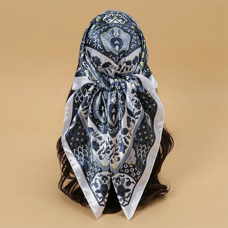 grey white floral pattern silk bandanna