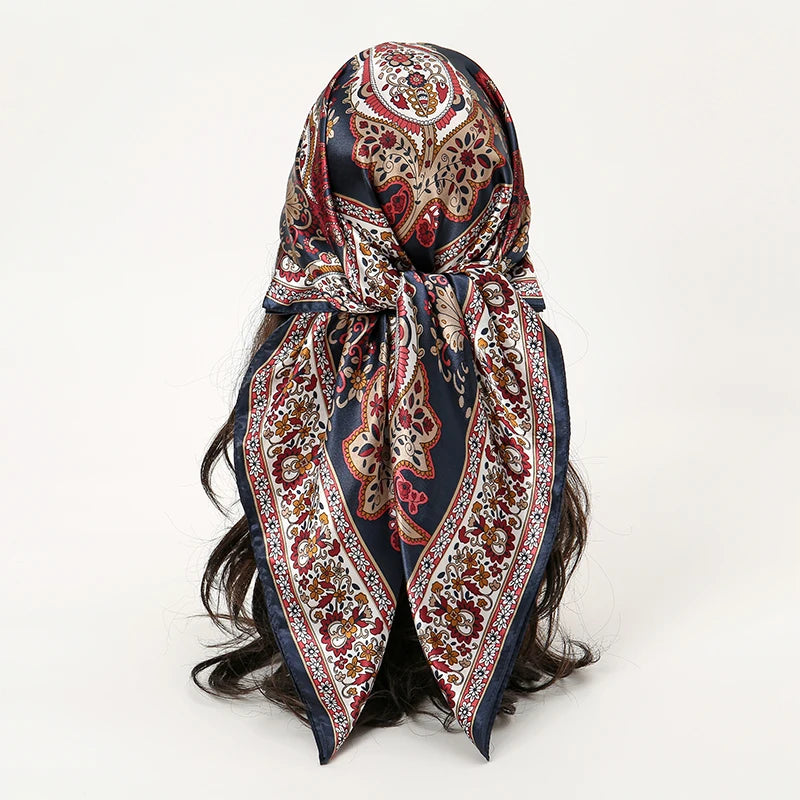 blue red floral pattern silk bandanna