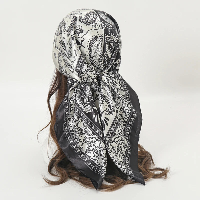 white black floral pattern silk bandanna
