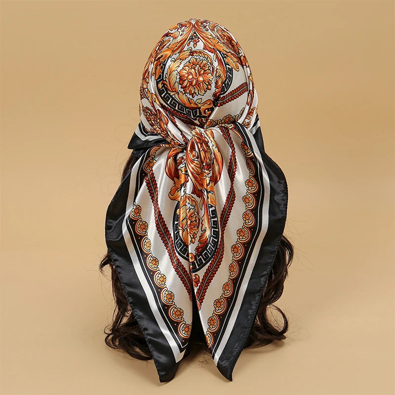 orange white black floral pattern silk bandanna