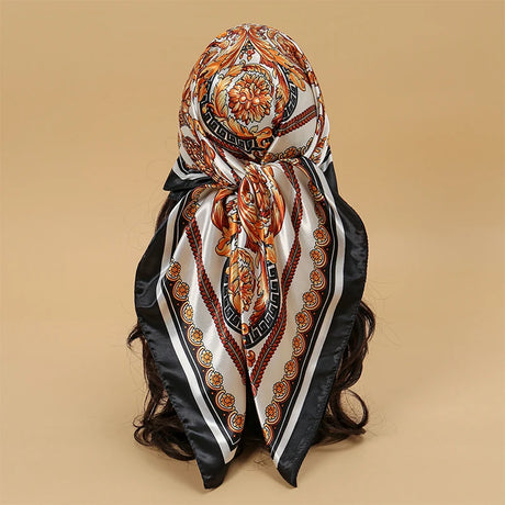 orange white black floral pattern silk bandanna