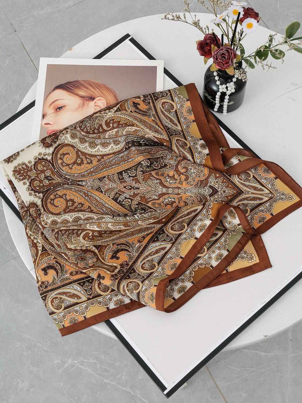 Brown Satin Kerchief Hairband 70cm Cashew Print Silk Square Scarf