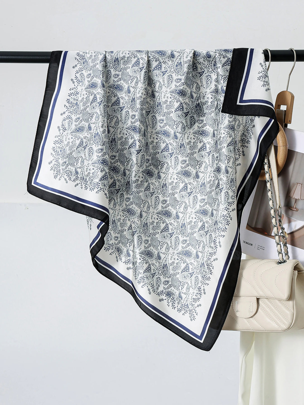 Gray Satin Kerchief Hairband 70cm Cashew Print Silk Square Scarf