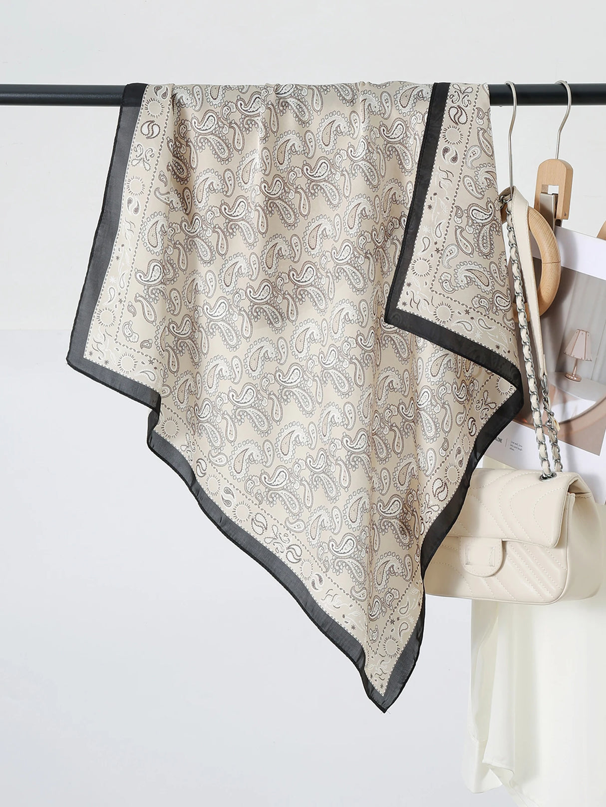 Brown Satin Kerchief Hairband 70cm Cashew Print Silk Square Scarf