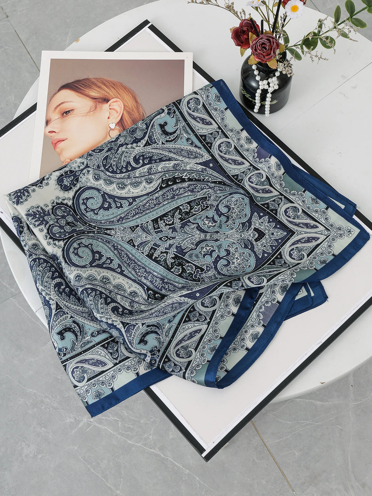 Blue Satin Kerchief Hairband 70cm Cashew Print Silk Square Scarf