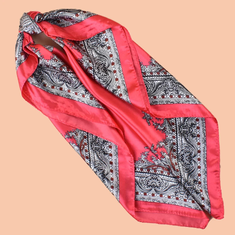 Red Gray Satin Square Scarf 90*90 Beach Accessory Headscarf