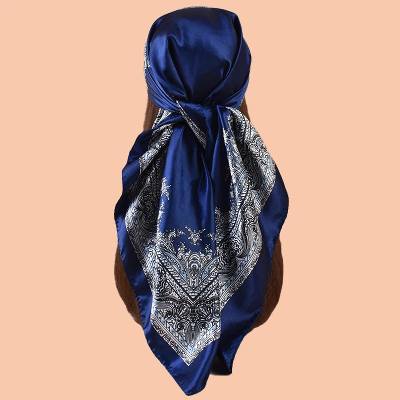 Blue Satin Square Scarf 90*90 Beach Accessory Headscarf