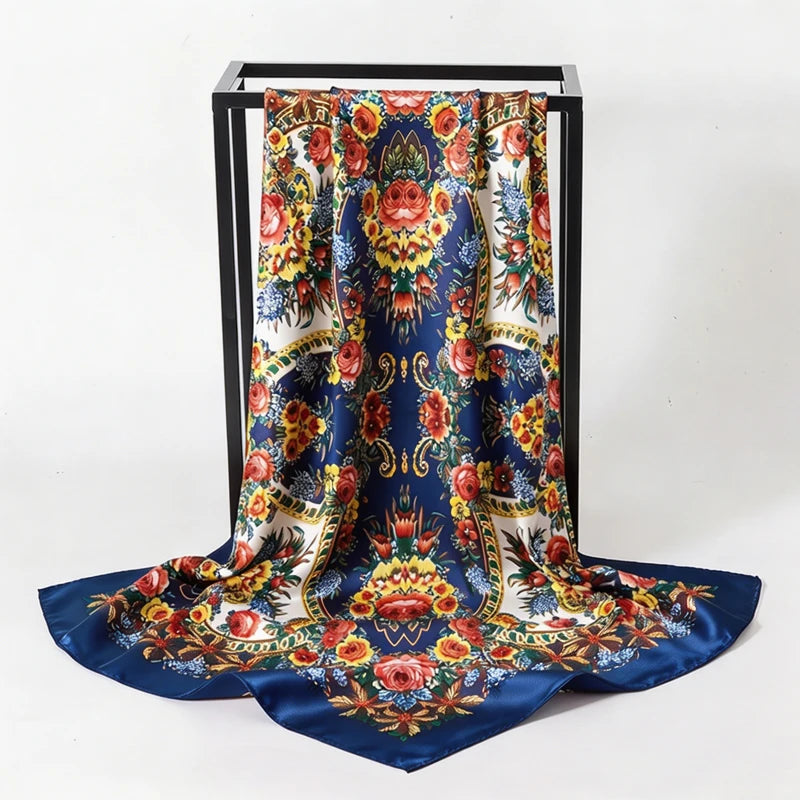 Blue Satin Square Scarf Paisley Floral Print Bandana