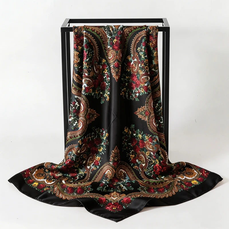 Black Satin Square Scarf Paisley Floral Print Bandana