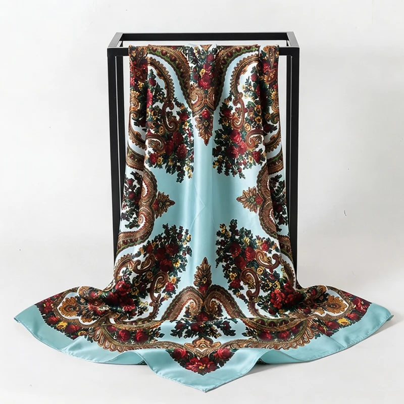 Light Blue Satin Square Scarf Paisley Floral Print Bandana